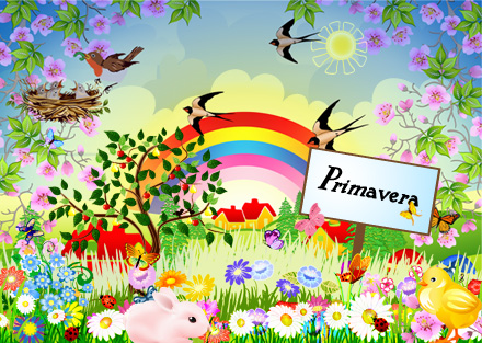 Easter background with chocolate eggs, birds and a rainbow